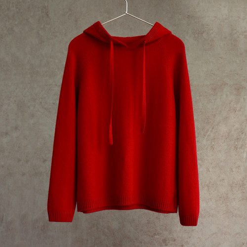 云芝元 新冬款康赛妮纯羊绒红色连帽羊绒帽衫宽松套头毛衣1126M