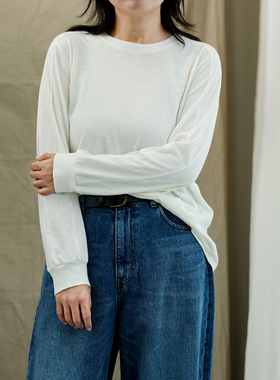 云芝元 设计师秋款白色长袖丝棉罗纹针织舒适柔软百搭T恤2205-M