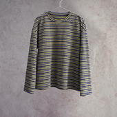 云芝元 T恤2202 设计师新冬款 进口蓝黄条纹圆领有机棉长袖