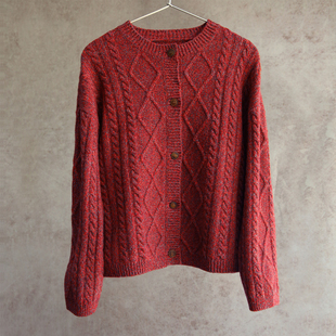 外套1116 纯羊毛花红色绞花圆领横机针织开衫 设计师冬款 云芝元
