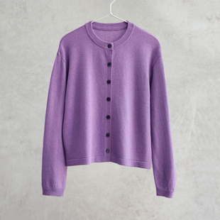 云芝元 新冬款纯羊毛紫色花纱圆领横机针织开衫外套0112-M