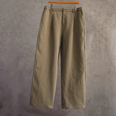 云芝元26春季新款棉和纸碧纹染卡其黄色半松紧腰男款休闲裤