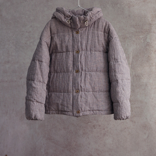 纯亚麻小紫格95白鹅绒连帽拉链女士羽绒服1701 云芝元 新冬款