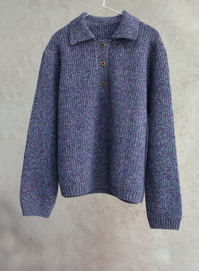 云芝元 新冬款美利奴羊毛紫绿花纱POLO横机针织套头衫外套2171-M