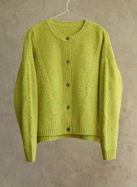 云芝元 新冬款纯羊毛果绿色花纱绞花圆领横机针织开衫外套1222-M