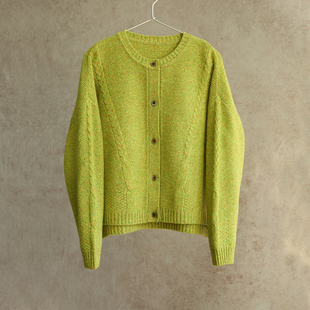 外套1222 纯羊毛果绿色花纱绞花圆领横机针织开衫 新冬款 云芝元