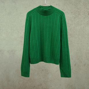 0301 康赛妮森林绿色高领纯羊绒马鞍肩套头衫 秋冬新款 云芝元