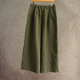 深绿色汉麻高密斜纹半松紧腰阔腿显瘦直筒裤 26春夏新款 云芝元