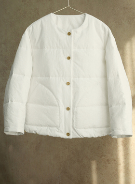 云芝元 新冬款棉服白色色织全棉圆领短款棉衣女士棉服外套0503-S