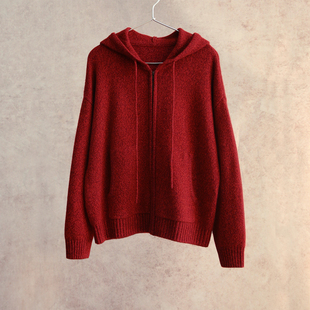 云芝元 新冬款康赛妮羊绒粗纺红色花纱连帽横机针织拉链开衫0115M