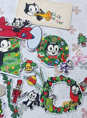 菲力猫卡通刺绣贴布牛仔补丁布贴时尚贴花书包圣诞节装饰破洞修补