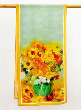 140*35cm真丝长巾桑蚕丝双绉梵高油画向日葵黄色丝巾薄款高档护颈