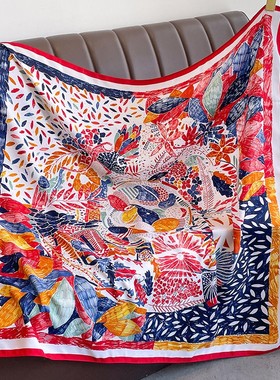 90cm大方巾仿真丝平纹女春秋花卉民族风红色丝巾法式头巾装饰腰带