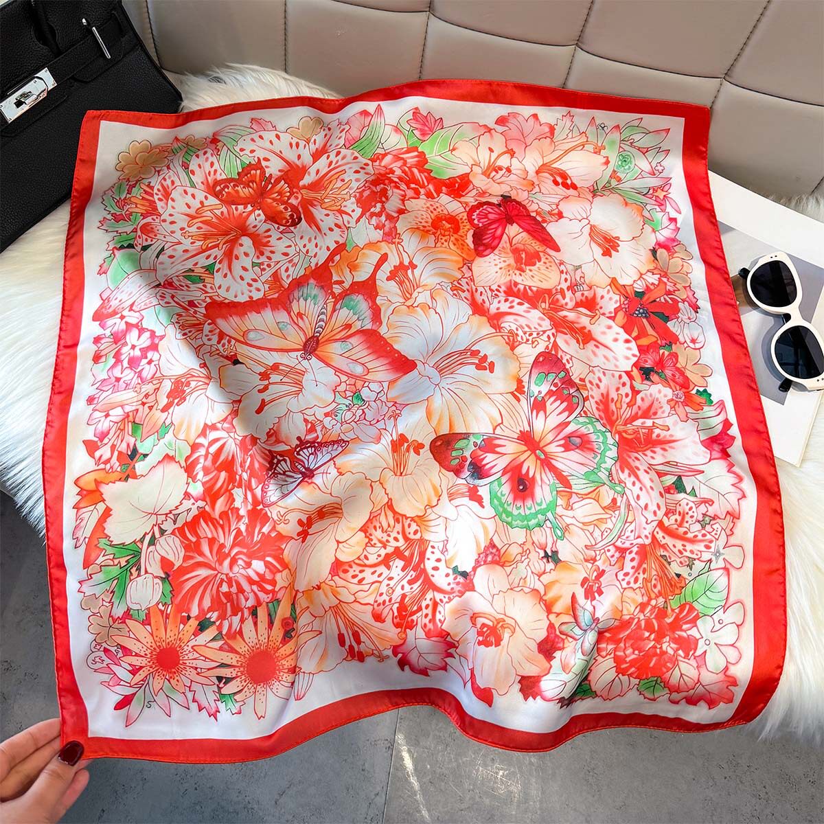 65cm中方巾蝴蝶仿真丝女士田园花卉小丝巾系脖装饰商务领巾高级