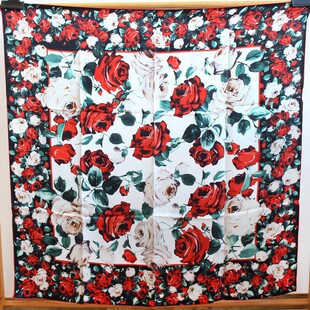 春季新款情人节礼物红玫瑰110真丝素缎大方巾桑蚕丝围巾披肩2026