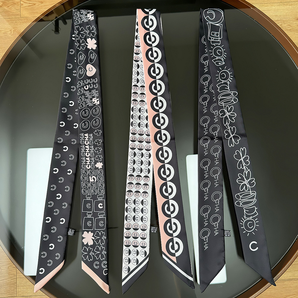 120*5cm窄长丝巾仿真丝双面插画