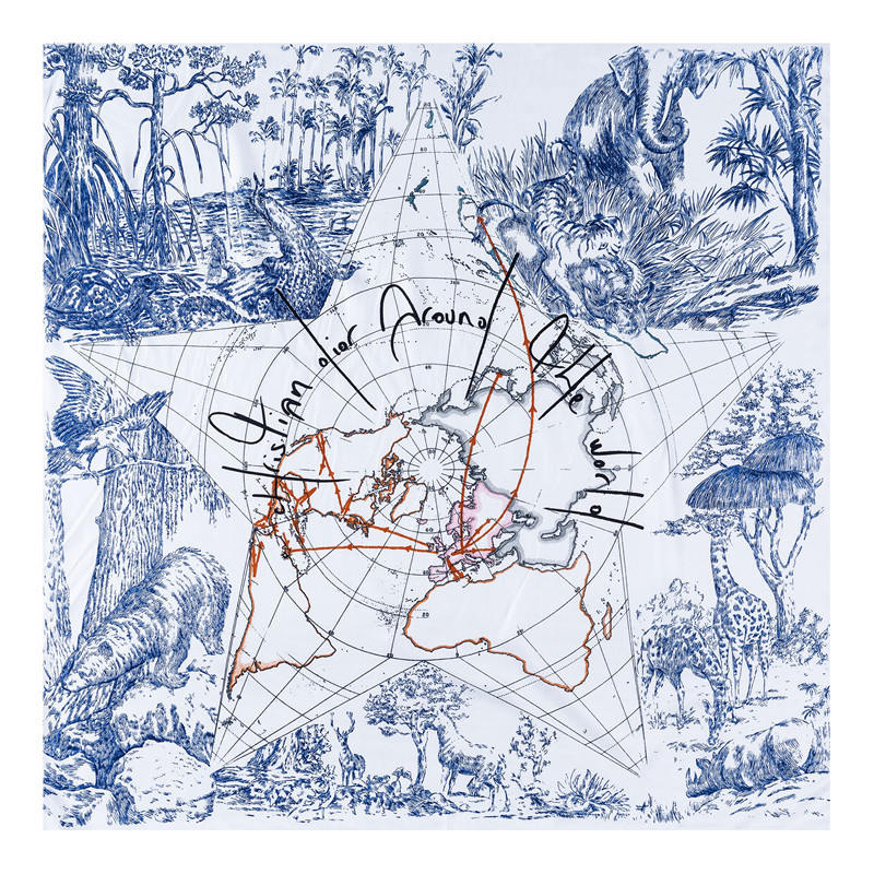 新款手工卷边丝巾女90cm斜纹绸方巾动物地图印花时尚围巾披肩头巾