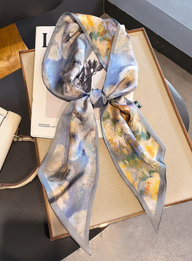 15*150cm法式复古窄长丝带领巾仿真丝双层双面绮梦繁花氛围感丝巾