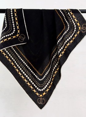 小香风黑色链条桑蚕丝真丝羊毛丝毛70方巾女秋冬季双面同色围巾丝