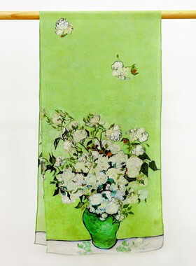 140*35cm真丝长巾春夏浅绿色油画玫瑰花瓶丝巾女士高档桑蚕丝双绉