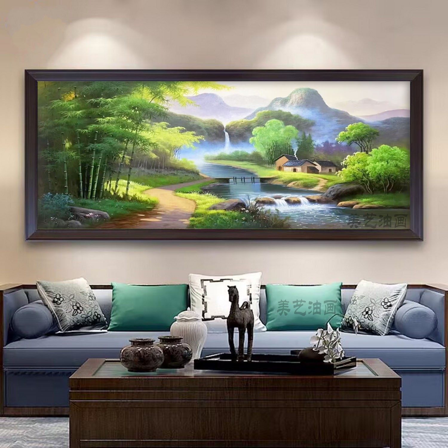 手绘油画风景山水画装饰画客厅卧室挂画瀑布竹林画新中式手工画