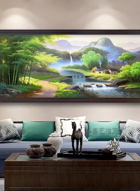 手绘油画风景山水画装饰画客厅卧室挂画瀑布竹林画新中式手工画