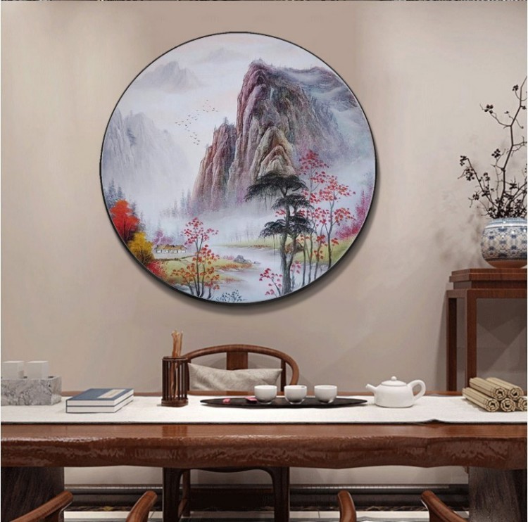 玄关圆形风景油画纯手绘装饰画山水画客厅餐厅入户简约新中式圆框图片