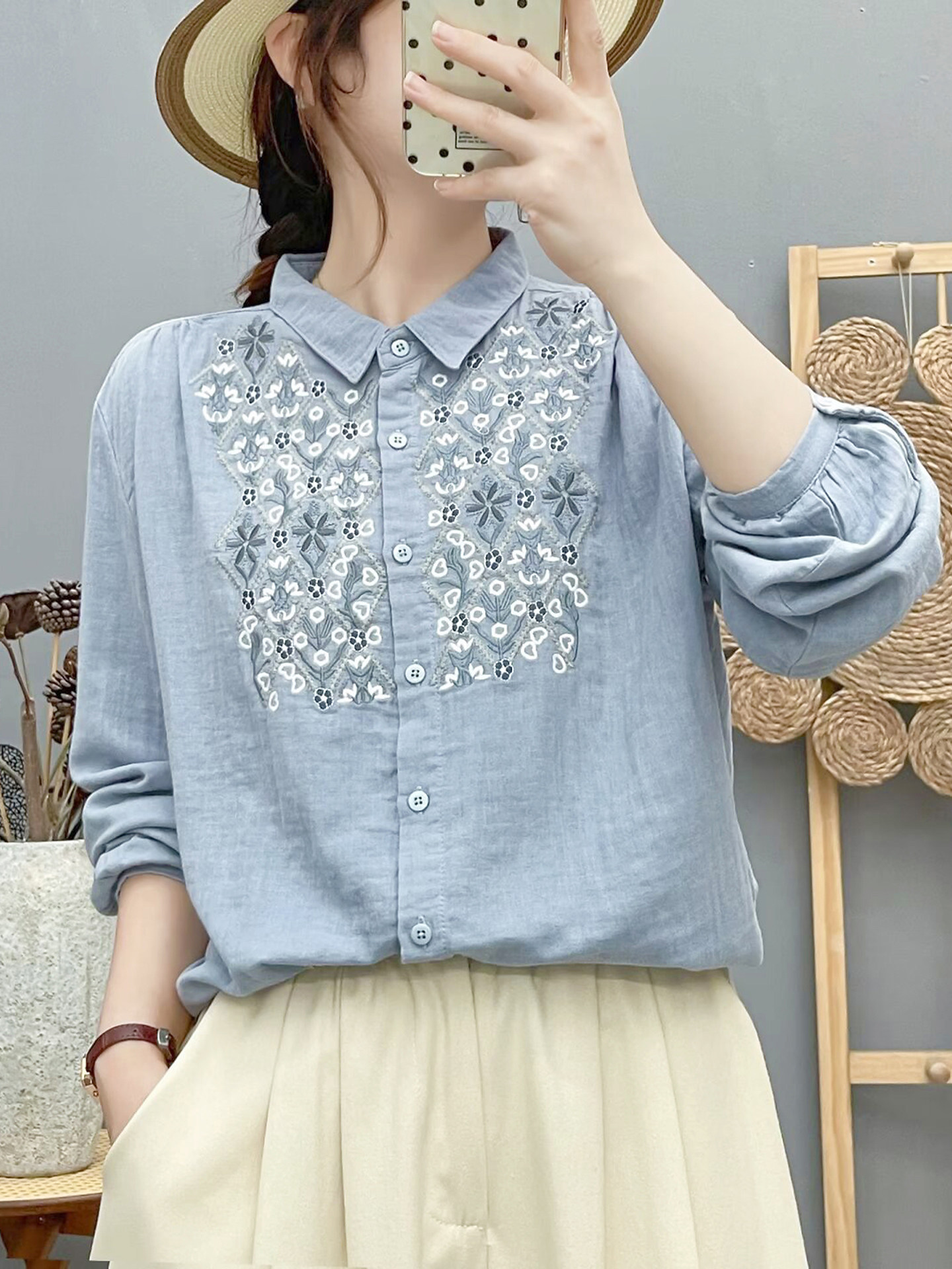 เสื้อเชิ้ตแขนยาวผ้าฝ้ายโปร่งสองชั้น สำหรับผู้หญิง สไตล์จีนใหม่ งานปักแน่นหนา ผ้านุ่ม เป็นมิตรต่อผิว ระบายอากาศได้ดี เสื้อเชิ้ตตัวในผ้าฝ้ายแท้