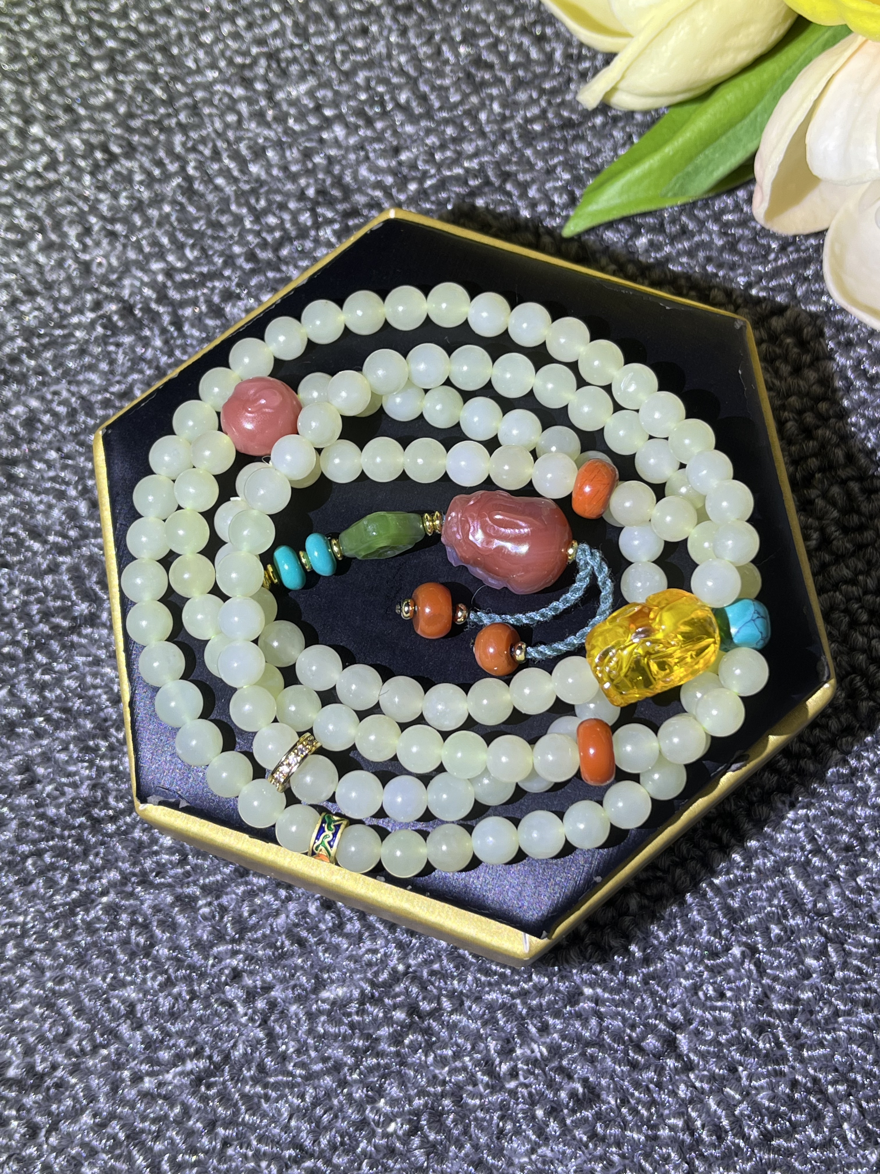天然和田玉手链6mm多圈手链琥珀貔貅男女款盐源貔貅