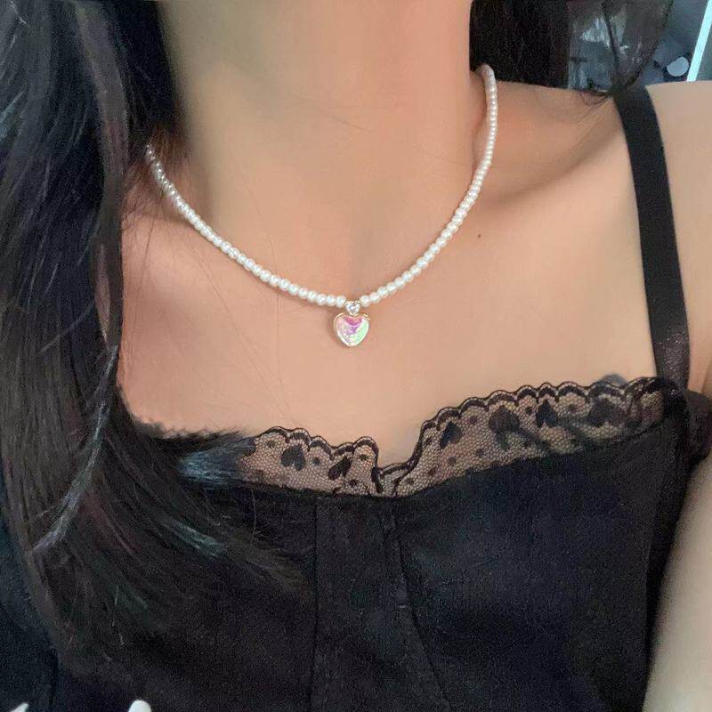 幻彩琉璃贝母爱心珍珠项链气质百搭女学生锁骨链方钻ins网红颈链