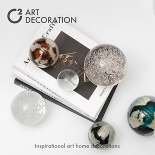 水晶玻璃金属磨砂几何体球体圆球摆件样板间售楼处软装饰品配饰