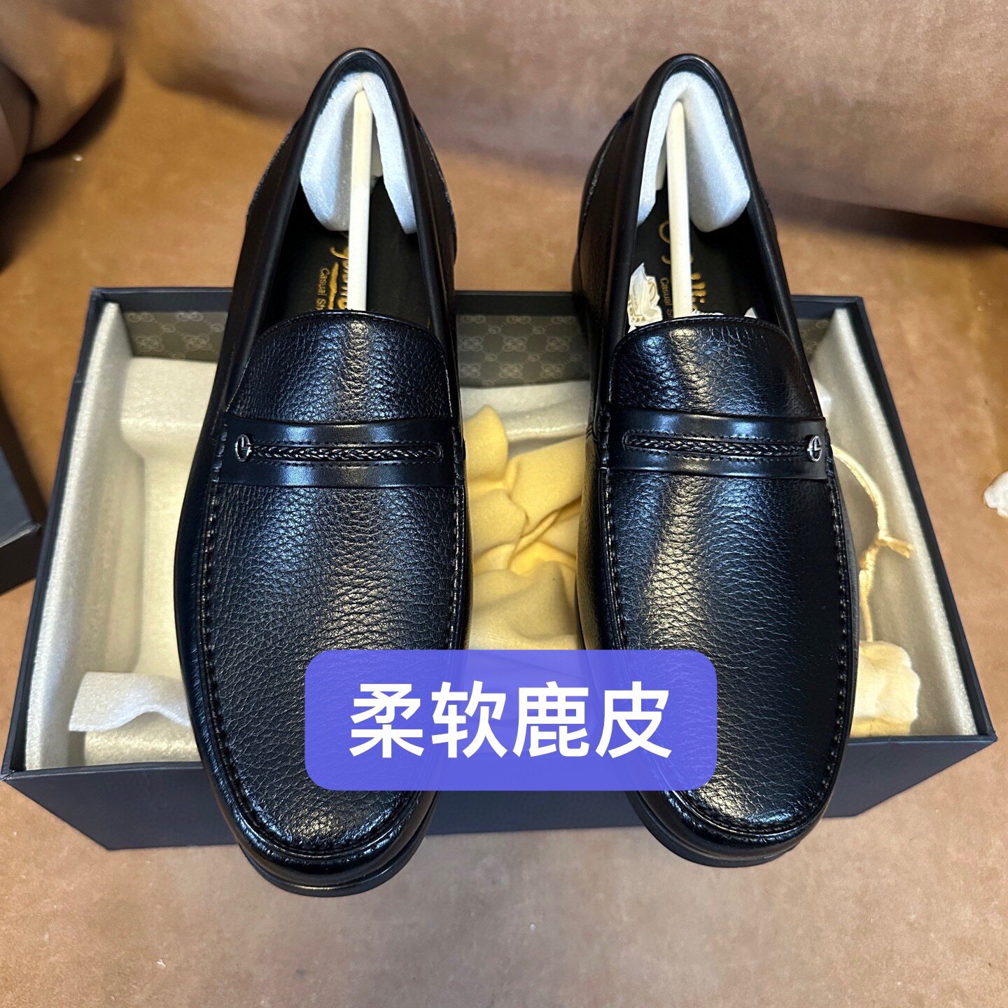 断码38 43撤品牌高档男一脚蹬乐福皮鞋爸爸鞋送礼防伪鹿皮G89