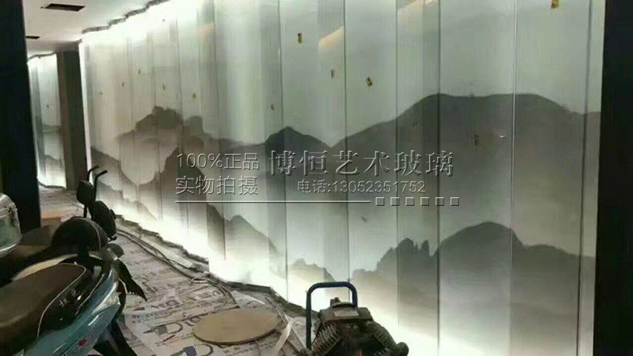 夹丝艺术玻璃定制  钢化夹胶水墨山水 办公室隔断 商场背景墙