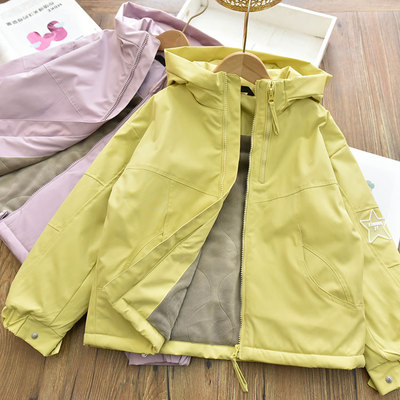 女童三合一夹棉加厚连帽冲锋衣中大儿童加绒棉服外套防风衣冬