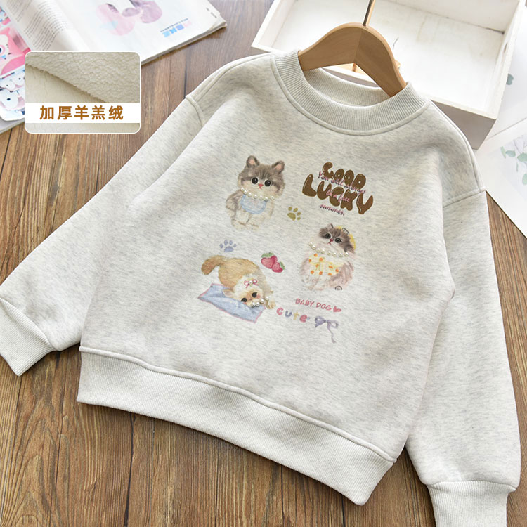 女童一体羊羔绒保暖加厚立体钉珠卫衣儿童加厚休闲上衣冬校服神器