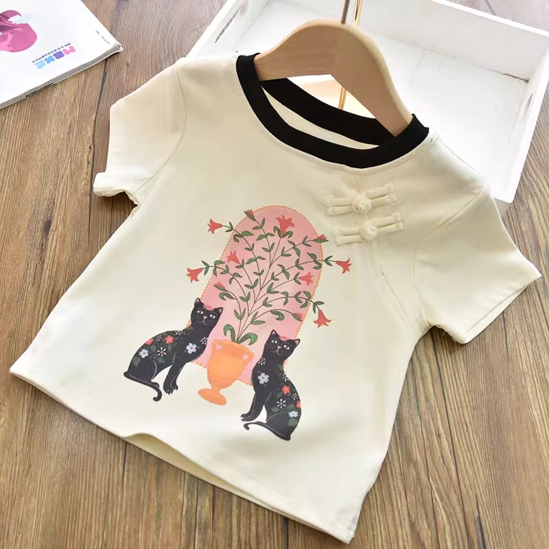 女童中式时髦柔辣妹气质古风双盘扣印花短袖T恤 中大儿童上衣夏