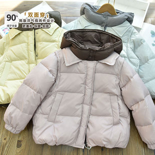 女童90白鸭绒拼色连帽羽绒服 儿童保暖厚实假两件外套 2025冬新款