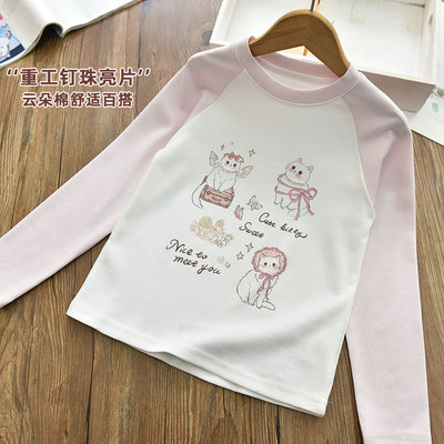 亮片钉珠女童洋气甜美插肩袖纯棉长袖打底衫 中大儿童百搭T恤26春