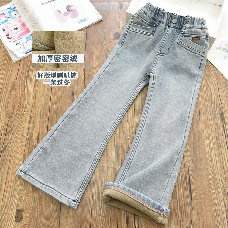 版型好显腿长|女童洋气一体绒牛仔喇叭裤 中大儿童加厚修身裤子冬