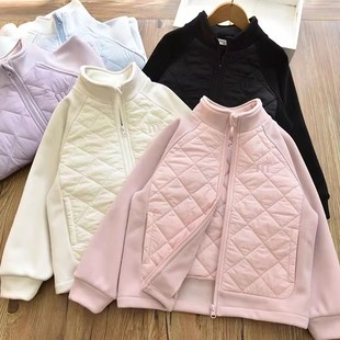 女童加绒防风立领菱格外套中大儿童早春深秋冬薄棉服上衣校服神器