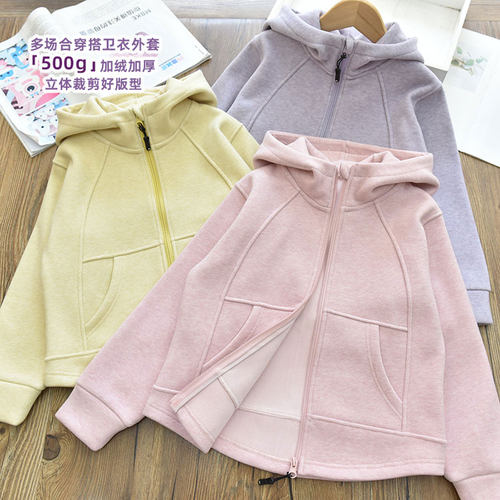 女童糯米绒保暖一体绒拼线连帽外套 中大儿童百搭休闲卫衣上衣冬