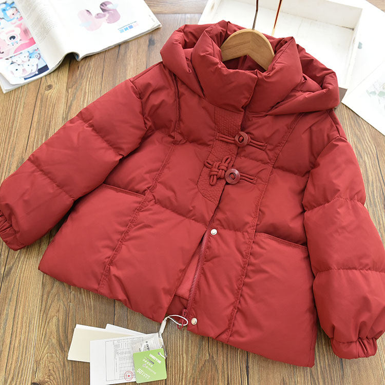 女童90白鸭绒新年红连帽羽绒服 儿童保暖厚实韩版外套 2025冬新款