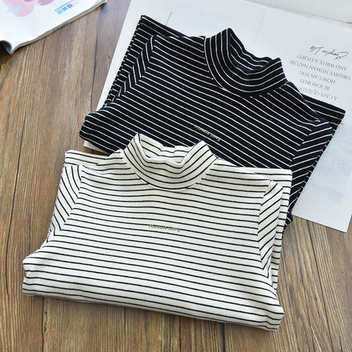 女童软糯保暖条纹拼色半高领套头打底衫 中大儿童内搭打底上衣冬