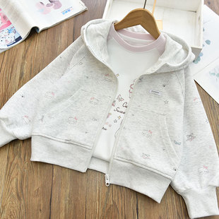 上衣26春 中大儿童开衫 女童简约大方百搭满印涂鸦拉链衫 连帽外套