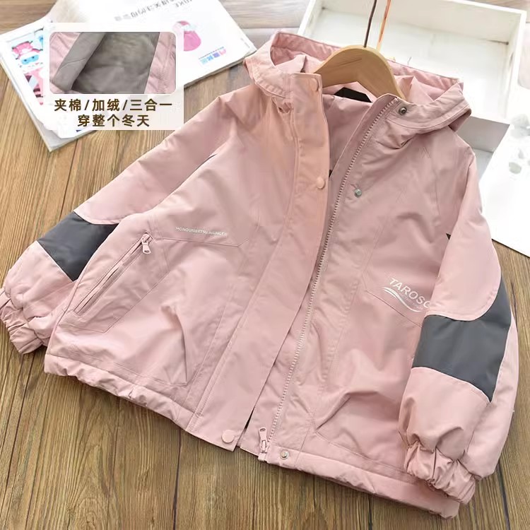 三合一厚款男女童夹棉加厚连帽冲锋衣中大儿童加绒棉服外套风衣冬