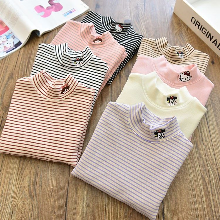 加厚德芙绒女童保暖半高中领刺绣条纹打底衫中大童百搭T恤上衣冬