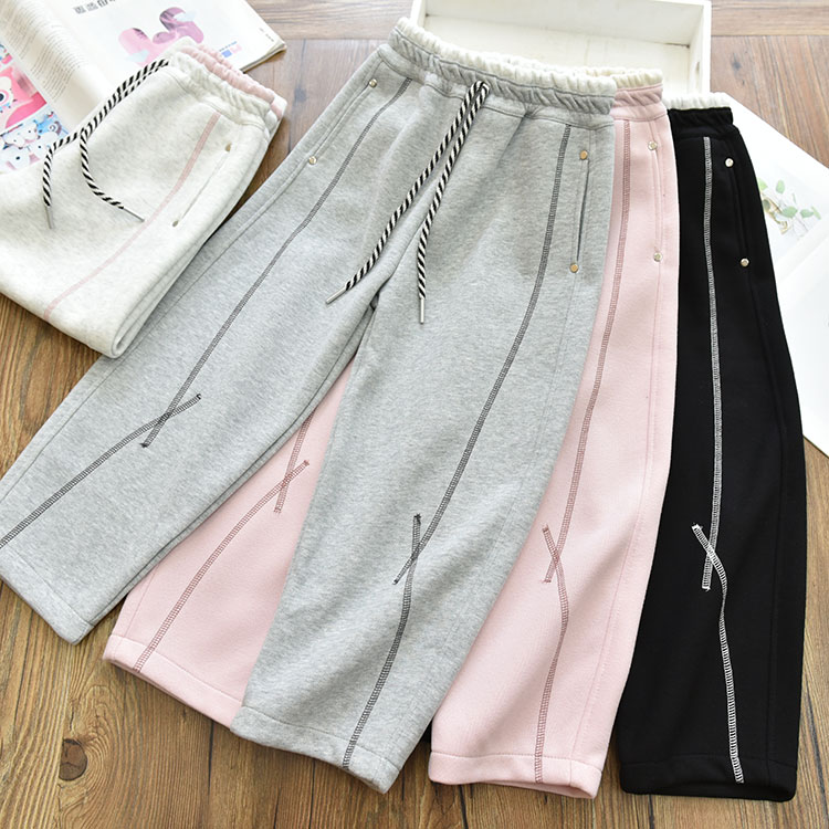 女童简约大方实用拼接麻丝线钉扣香蕉裤 中大儿童休闲直筒弯刀裤