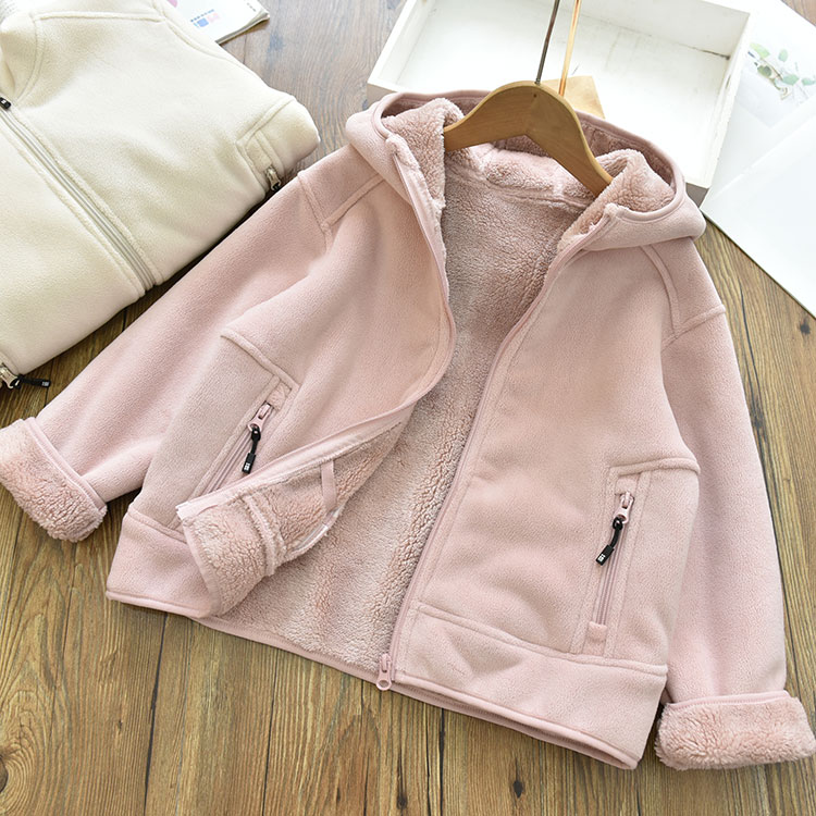 女童双面绒加厚保暖厚实纯色连帽拉链衫外套 中大儿童毛毛上衣冬