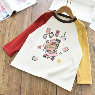 中大儿童长袖 印花圆领打底衫 T恤上衣 女童洋气时髦撞色袖 26春新款
