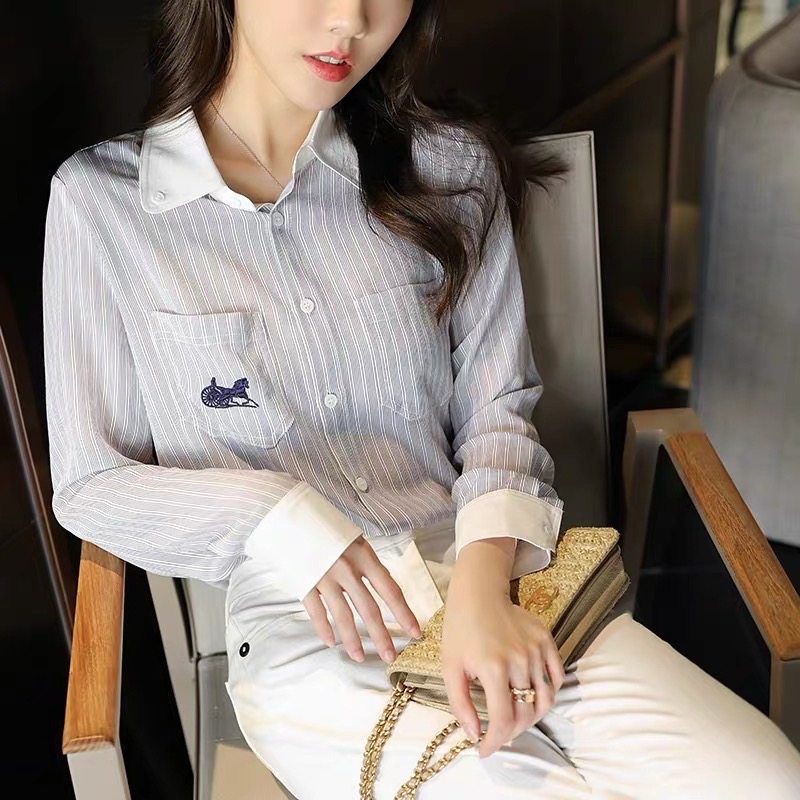 厂家直销C家真丝上衣马车16姆米宽松春装刺绣花印花真丝衬衫